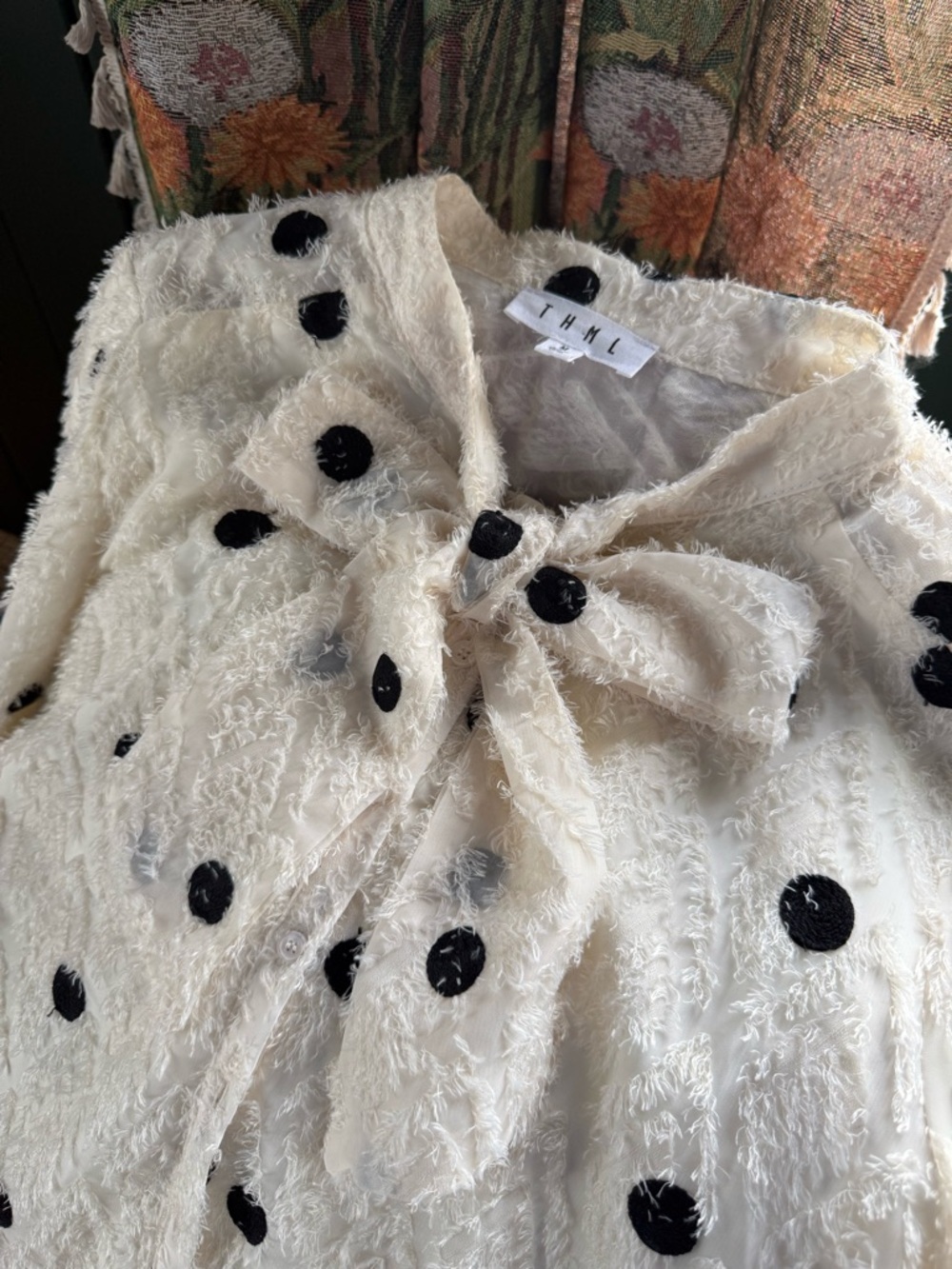 THML Textured Polka Dot Blouse Tie Neck Top Cream Black Size M - Picture 4 of 6